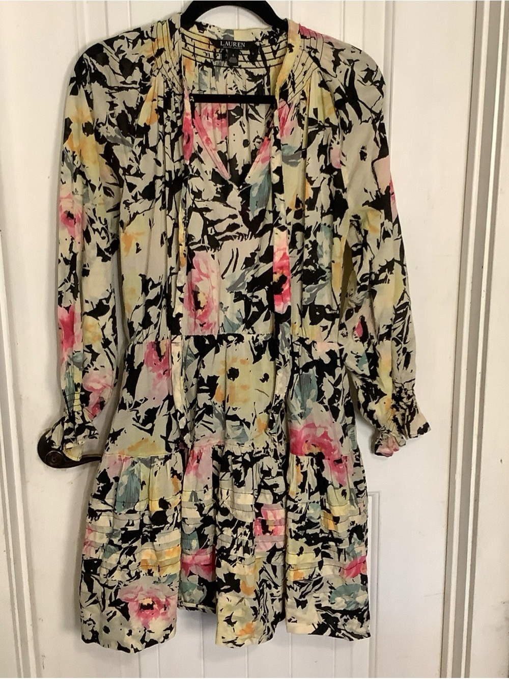 Lauren Floral Tiered V-Neck Dress in Cream with Pink & Yellow Accents